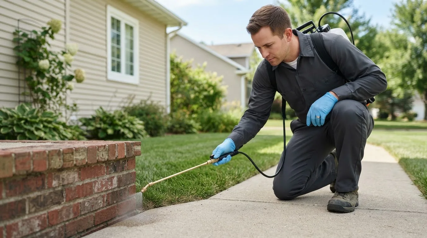 Pest control technician treating a home near Scottdale, GA