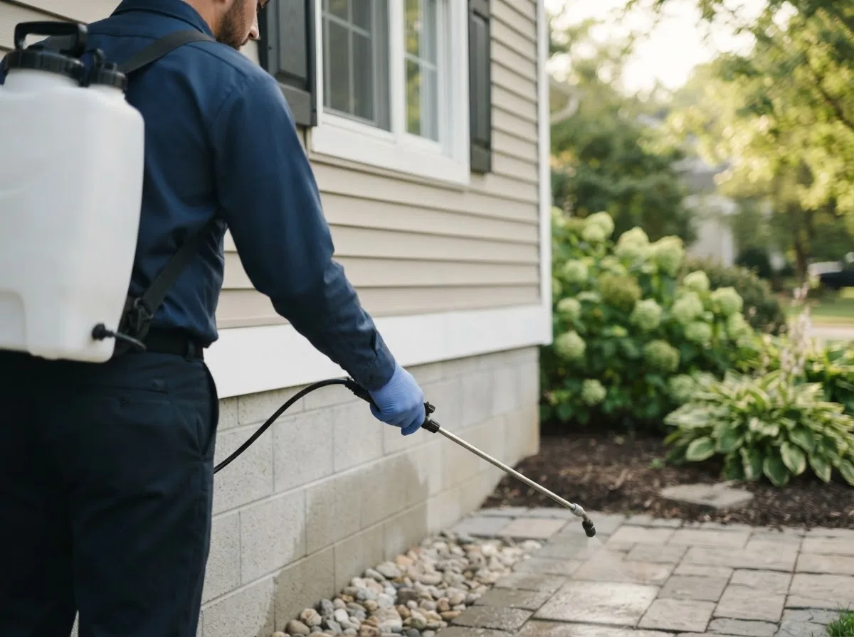 Pest control technician inspecting a home in Scottdale, GA